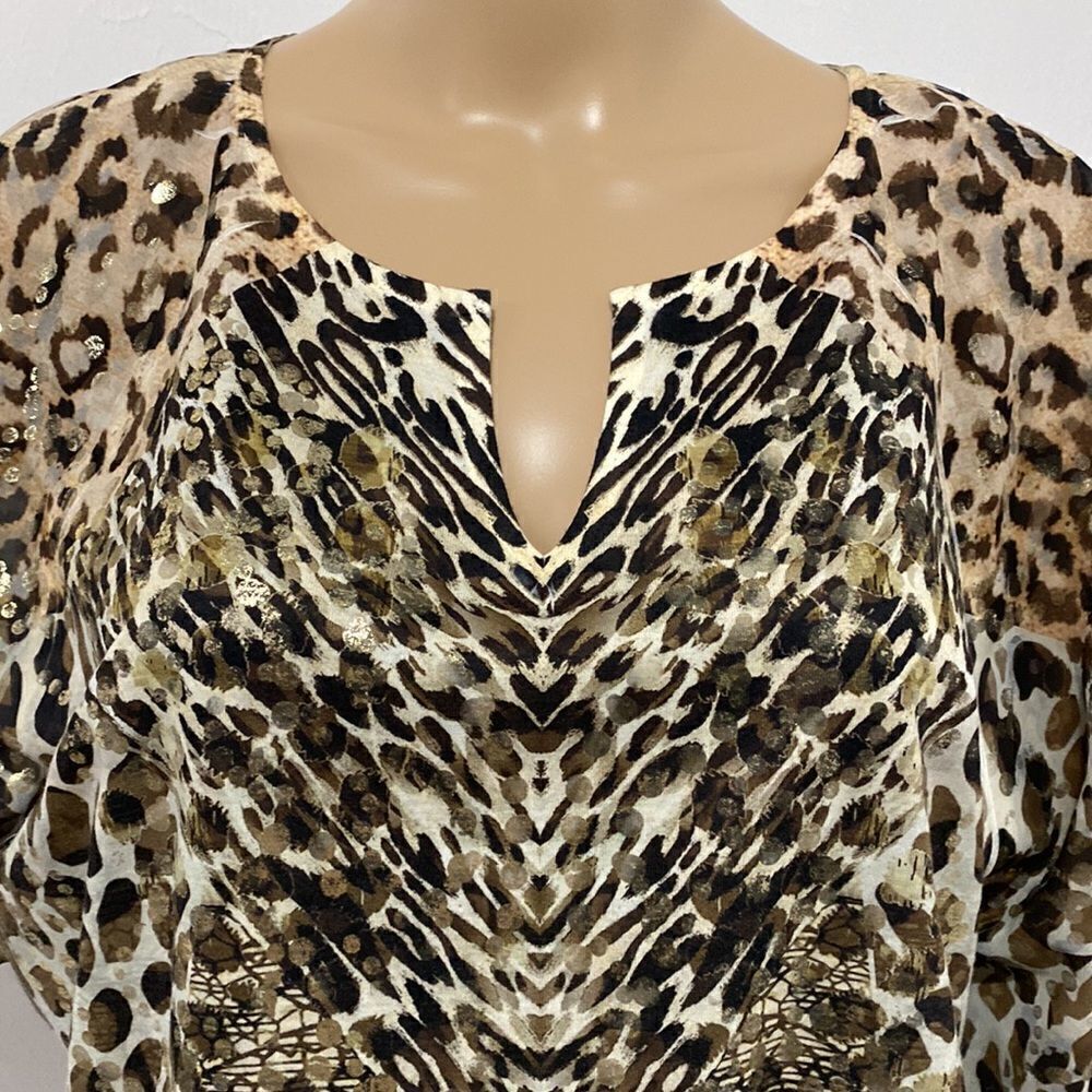 Chico’s Reverse Patchwork Flutter Split-Neck Animal Print Top size L - Picture 4 of 10